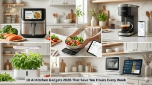 A stylized promotional lifestyle collage branded with the Room Routine logo, showcasing five AI-powered kitchen gadgets arranged in a bright, modern white kitchen setting. The top left features a large stainless steel air fryer with a touchscreen display showing a crispy salmon recipe, surrounded by fresh salmon and vegetables. The top right shows a Kencir single-serve coffee maker brewing into a glass cup alongside a smartphone app for control. The center panel depicts a smart kitchen food scale with a bowl of colorful vegetables and a connected tablet displaying a nutrition tracking app. The bottom left shows a countertop indoor herb garden with a pink and white grow light bar illuminating lush basil and herbs. The bottom right features a compact countertop dishwasher beside a smart home display screen showing a meal timer schedule listing air fryer, coffee, and rice cook times with food images. A bold title banner at the bottom reads "10 AI Kitchen Gadgets 2026 That Save You Hours Every Week."