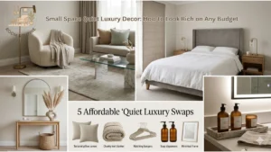 A stylized editorial lifestyle collage branded with the Room Routine logo, presenting a neutral minimalist quiet luxury aesthetic across four vignettes. The top left shows a living room with a cream boucle armchair draped with a fringe throw, a glass and marble coffee table with stacked books, a beige sofa with sage and tan throw pillows, and a brass floor lamp against sheer linen drapes. The top right depicts a serene bedroom with a gray upholstered platform bed dressed in crisp white linen, flanked by wooden nightstands with brass tube-style table lamps. The bottom left features an entryway with a slim oak console table, a woven basket underneath, a round arched black mirror, and a ceramic vase with tall pampas grass. The bottom right shows a bathroom vanity tray styled with amber glass soap dispensers, a candle, and a folded linen towel beneath an LED-backlit mirror. A central graphic panel titled "5 Affordable Quiet Luxury Swaps" displays five product icons labeled textured pillow covers, chunky knit blanket, matching hangers, soap dispensers, and minimal frame.