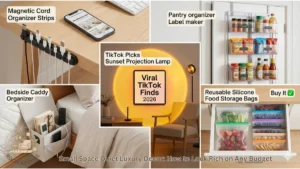 A stylized promotional lifestyle collage branded with the Room Routine logo, showcasing five viral home organization and decor products arranged around a central "Viral TikTok Finds 2026" title badge. The top left shows magnetic cord organizer strips mounted under a desk edge holding multiple USB cables neatly in place beside a smartphone displaying the RoomRoutine.com website. The top right features an over-the-door pantry organizer with clear pocket shelves holding labeled spice jars, snack bags, sauces, and condiments, captioned "Pantry organizer / Label maker." The center panel highlights a TikTok Picks sunset projection lamp casting a large warm golden circular glow on a living room wall behind a neutral armchair. The bottom left shows a beige fabric bedside caddy organizer hanging from a mattress holding a remote, phone, glasses, and book. The bottom right displays a refrigerator drawer neatly organized with colorful reusable silicone food storage bags filled with fruits and vegetables, labeled "Reusable Silicone Food Storage Bags" with a "Buy It ✅" callout. A subtitle banner at the bottom reads "Small Space Quiet Luxury Decor: How to Look Rich on Any Budget."