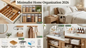 A stylized editorial lifestyle collage branded with the Room Routine logo, showcasing six minimalist home organization vignettes across kitchen, bedroom, entryway, and bathroom settings. The top left shows a bamboo drawer organizer neatly holding sorted silverware in a white kitchen drawer, alongside floating shelves with labeled clear airtight pantry canisters holding grains, coffee, and nuts, with a "Buy It ✅" callout. The top right features a neutral linen bedroom with a light wood nightstand and a fabric bedside caddy organizer holding a phone, glasses, and remote. The center left depicts a wall-mounted wooden entryway organizer with key hooks, a rattan mail pocket, and peg hooks holding a canvas tote bag, with a "Buy It ✅" badge. The right panel shows a bathroom vanity with clear acrylic stackable drawer organizers holding skincare products and a separate tiered organizer with amber glass dispensers and a bamboo tray, both with "Buy It ✅" callouts, and open shelving below with neatly rolled and stacked towels. A bottom product guide strip on a cream background illustrates five recommended product categories with icons: stackable clear storage bins, bamboo drawer organizers, heavy-duty shelf risers, vacuum storage bags, and over-door organizer.