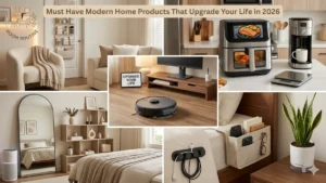 A stylized promotional lifestyle collage branded with the Room Routine logo, showcasing seven modern home upgrade products across living, kitchen, and bedroom settings. The top left features a cream boucle armchair with a knit throw in a bright minimal living room. The center panel shows a robot vacuum cleaner on a wood floor in front of a TV console with a monitor, with an "Upgrade Your Life" sign propped against it. The top right depicts a stainless steel dual-basket air fryer with a touchscreen display showing salmon, alongside a drip coffee maker, a white mug, and a digital kitchen scale on a marble countertop. The bottom left shows a neutral bedroom with a large arched black floor mirror, an open cube bookshelf with decorative vases and framed art, and a white air purifier on the floor. The bottom center features a close-up of a black wall-mounted magnetic cable organizer holding a charging cord. The bottom right shows a beige fabric bedside caddy organizer hanging from a bed frame holding a phone, glasses, and books, beside a white self-watering planter with a tall snake plant.